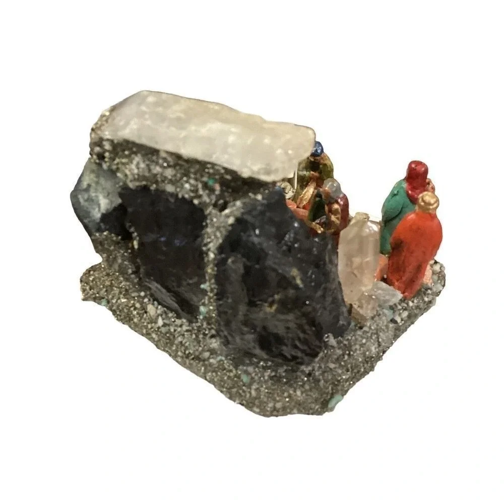 Miniature Crystal Nativity Scene Pyrite Quartz Mineral Specimen Grotto 3x3x3 in